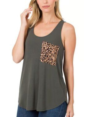 Zenana grey tank with a leopard print pocket